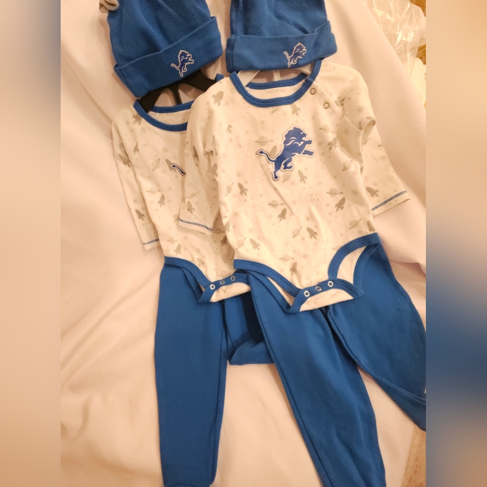 NFL Baby Detroit Lions Long Sleeve Bodysuit Pants Knit Hat 3-Pce Set 6/9 Mo.
